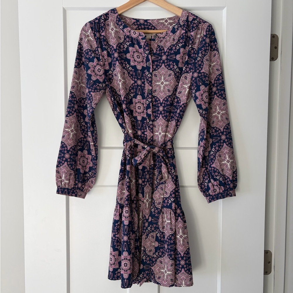 LOFT Patterned Long Sleeve Dress with Tie Waist